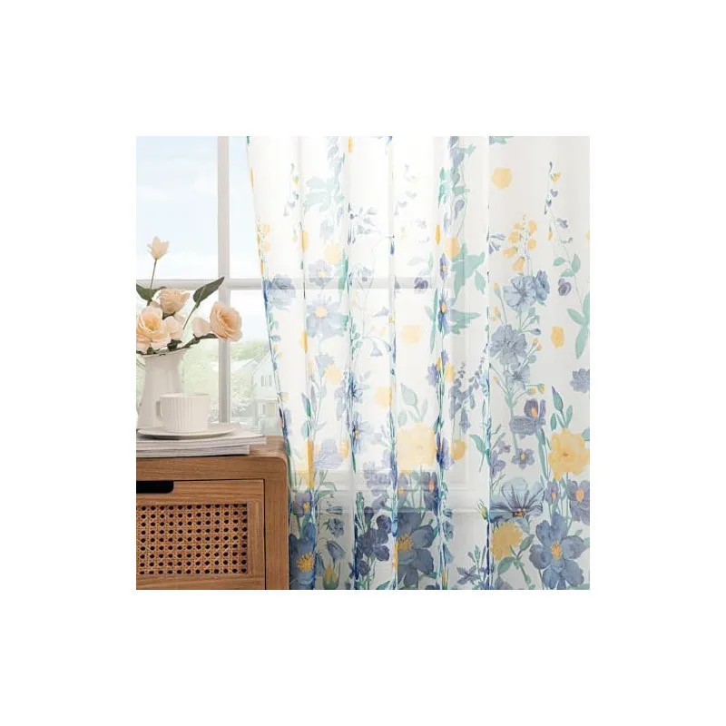 Perdele Voal Floral Woaboy, 140x245 cm, Bleumarin, Set 2 Bucăți