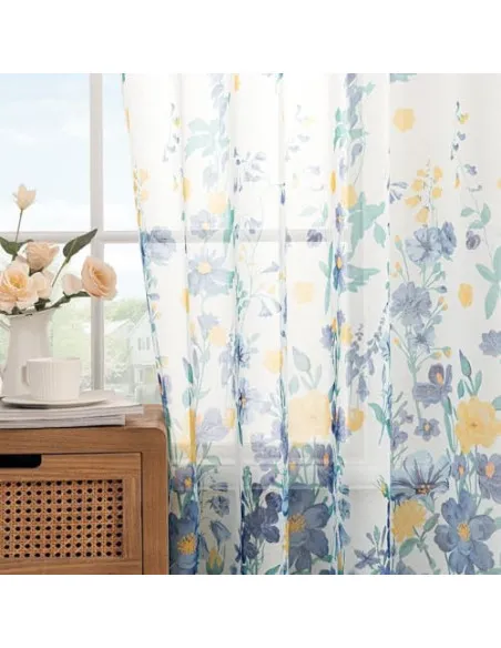 Perdele Voal Floral Woaboy, 140x245 cm, Bleumarin, Set 2 Bucăți
