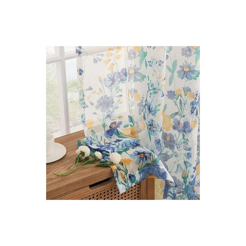 Perdele Voal Floral Woaboy, 140x245 cm, Bleumarin, Set 2 Bucăți