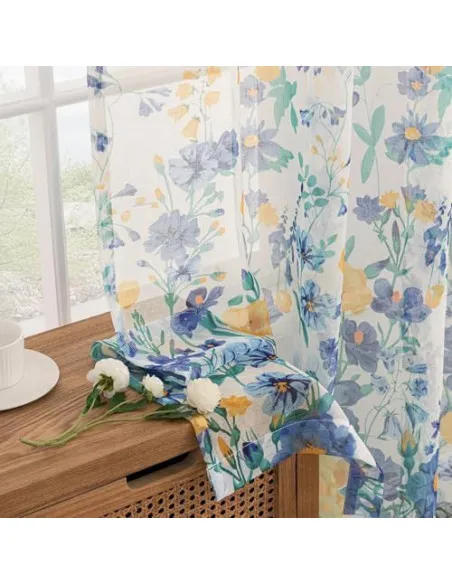 Perdele Voal Floral Woaboy, 140x245 cm, Bleumarin, Set 2 Bucăți