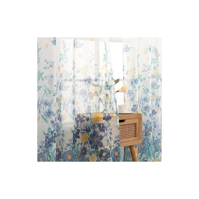 Perdele Voal Floral Woaboy, 140x245 cm, Bleumarin, Set 2 Bucăți