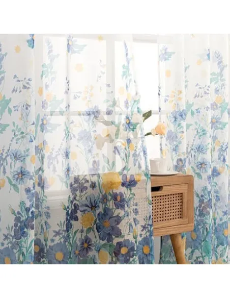 Perdele Voal Floral Woaboy, 140x245 cm, Bleumarin, Set 2 Bucăți