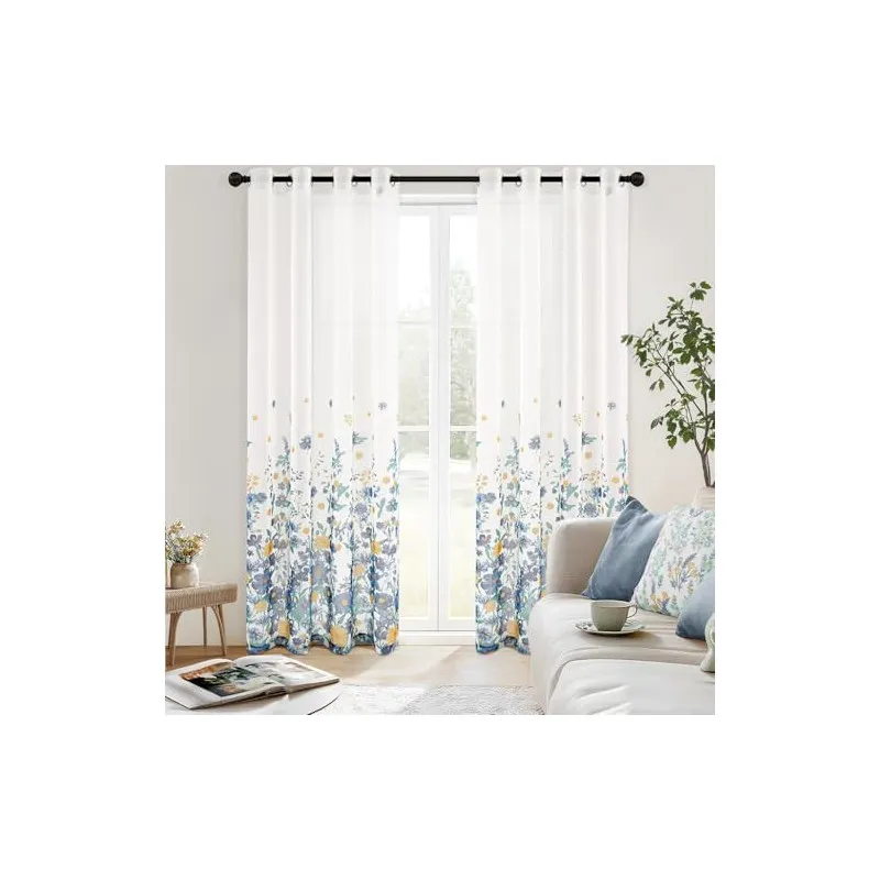 Perdele Voal Floral Woaboy, 140x245 cm, Bleumarin, Set 2 Bucăți