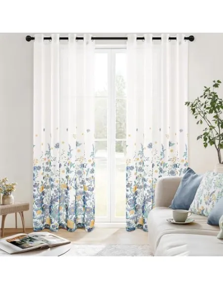 Perdele Voal Floral Woaboy, 140x245 cm, Bleumarin, Set 2 Bucăți