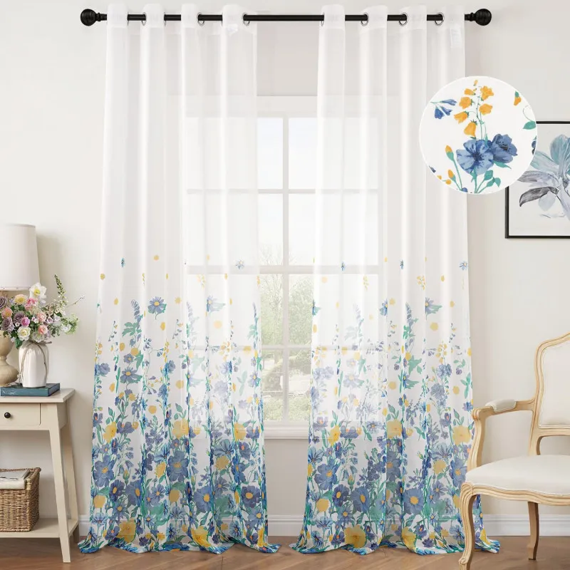 Perdele Voal Floral Woaboy, 140x245 cm, Bleumarin, Set 2 Bucăți