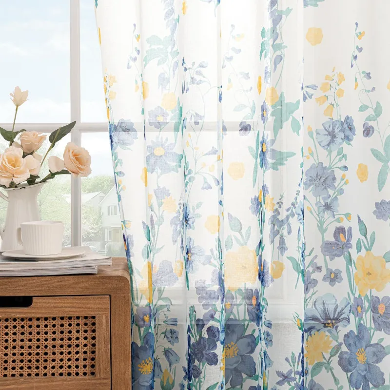 Perdele Voal Floral Woaboy, 140x245 cm, Bleumarin, Set 2 Bucăți