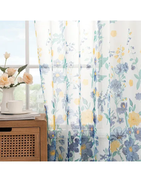 Perdele Voal Floral Woaboy, 140x245 cm, Bleumarin, Set 2 Bucăți