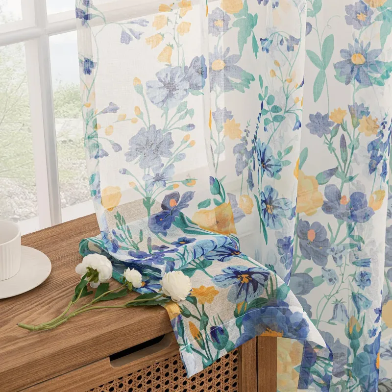 Perdele Voal Floral Woaboy, 140x245 cm, Bleumarin, Set 2 Bucăți