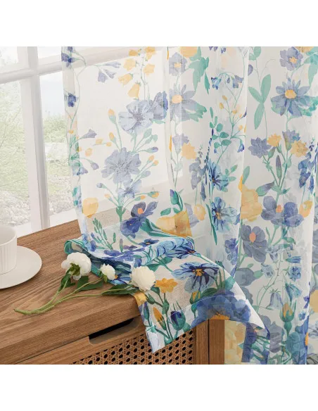 Perdele Voal Floral Woaboy, 140x245 cm, Bleumarin, Set 2 Bucăți