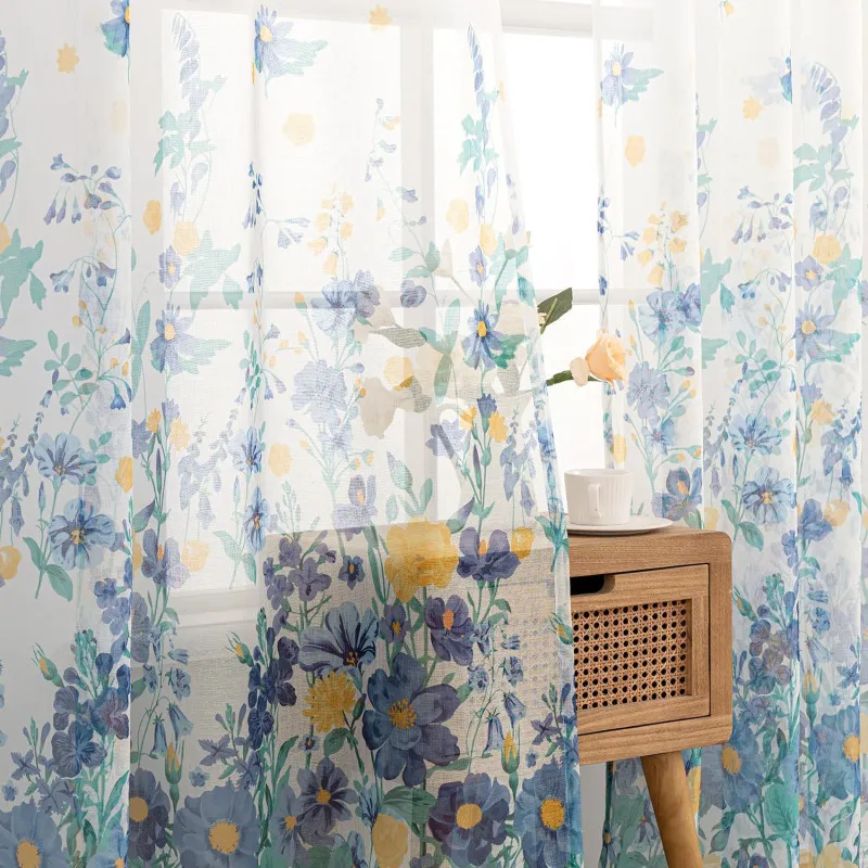 Perdele Voal Floral Woaboy, 140x245 cm, Bleumarin, Set 2 Bucăți