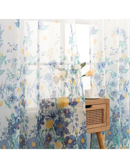 Perdele Voal Floral Woaboy, 140x245 cm, Bleumarin, Set 2 Bucăți
