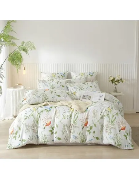 Lenjerie de pat DXHOME Microfibră, 155x220 cm, Model Floral Frunze Verzi, 3 Piese