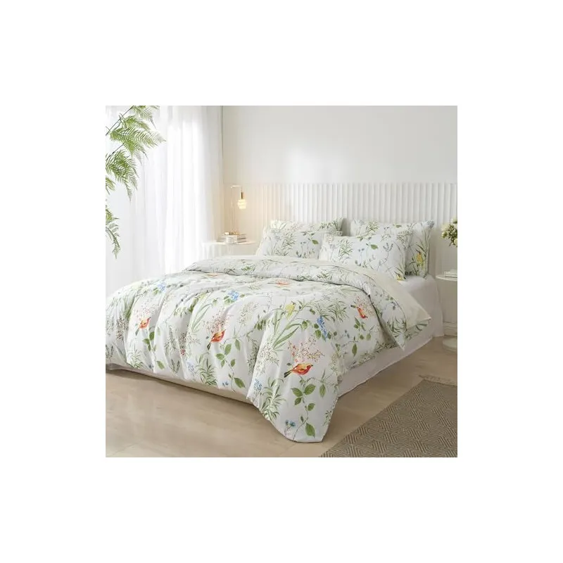 Lenjerie de pat DXHOME Microfibră, 155x220 cm, Model Floral Frunze Verzi, 3 Piese