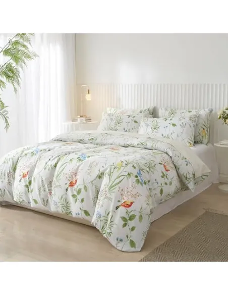 Lenjerie de pat DXHOME Microfibră, 155x220 cm, Model Floral Frunze Verzi, 3 Piese