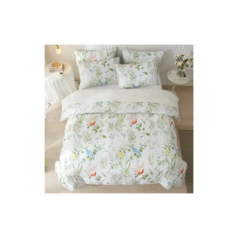 Lenjerie de pat DXHOME Microfibră, 155x220 cm, Model Floral Frunze Verzi, 3 Piese