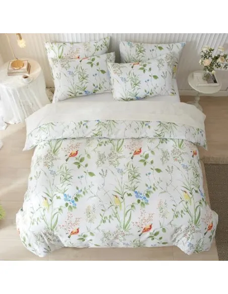 Lenjerie de pat DXHOME Microfibră, 155x220 cm, Model Floral Frunze Verzi, 3 Piese