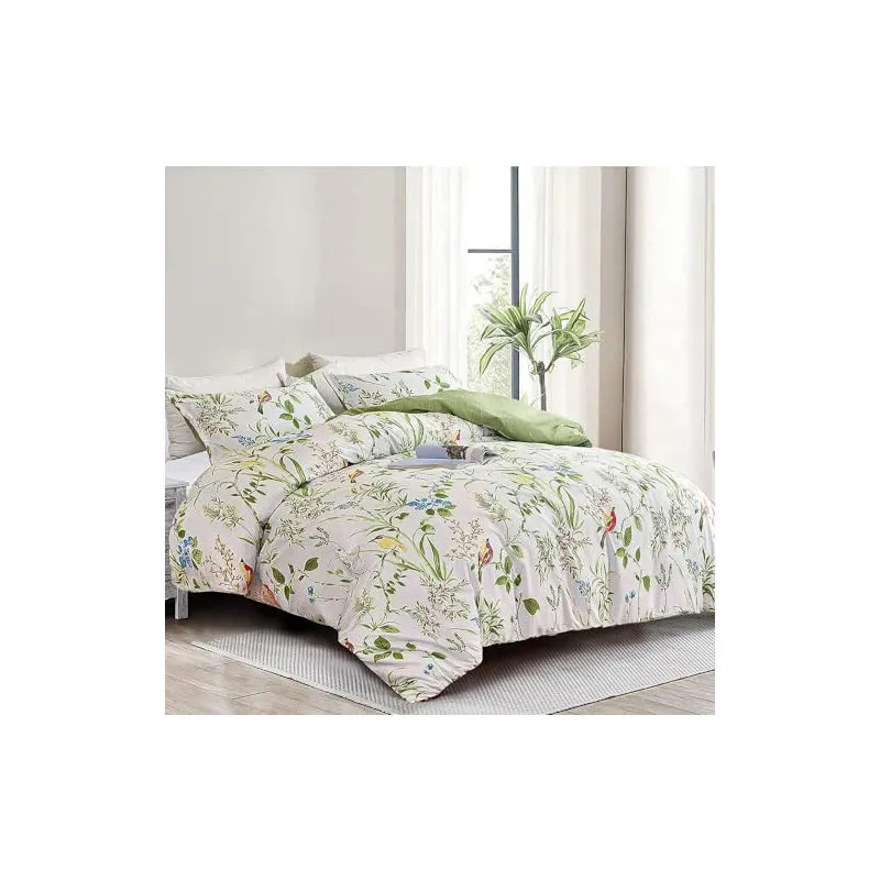 Lenjerie de pat DXHOME Microfibră, 155x220 cm, Model Floral Frunze Verzi, 3 Piese