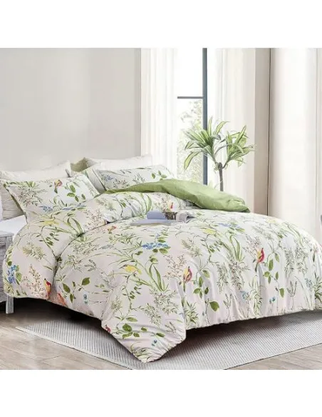 Lenjerie de pat DXHOME Microfibră, 155x220 cm, Model Floral Frunze Verzi, 3 Piese