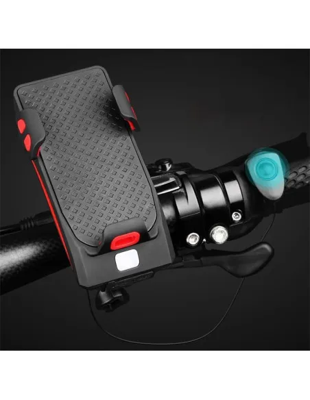 Suport de Telefon pentru Bicicletă 4-în-1 cu Lanternă, Claxon Electric și Alarmă de Securitate