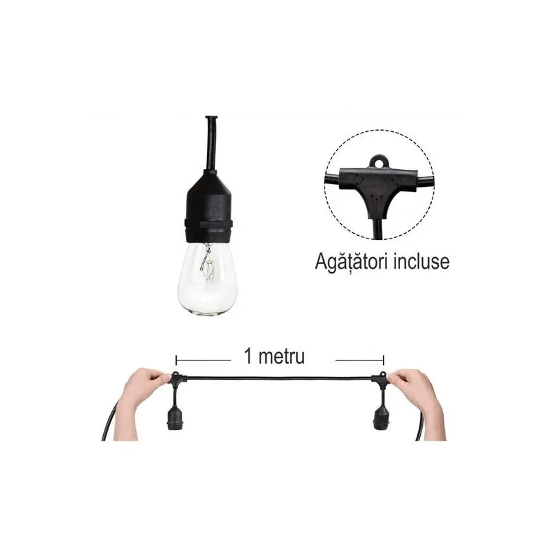 Ghirlanda Luminoasa, 10 Metri cu 10 Becuri, interconectabila, 2 filamente pe bec, 220V