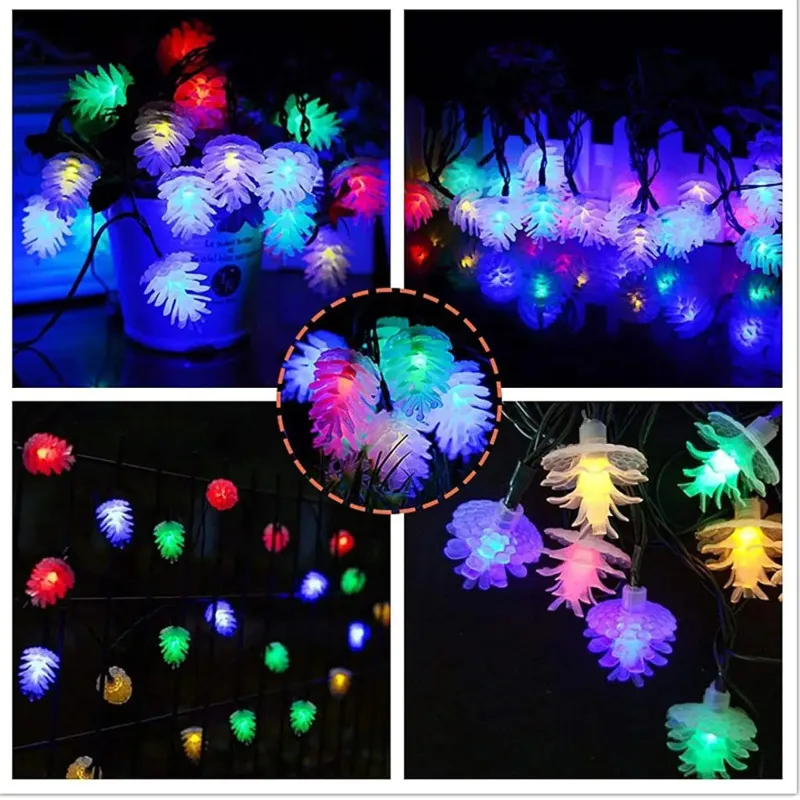 Set 2 x Instalație Solară cu Conuri de Brad, 50 LED-uri Multicolor, 8 Jocuri de Lumini, 5 m