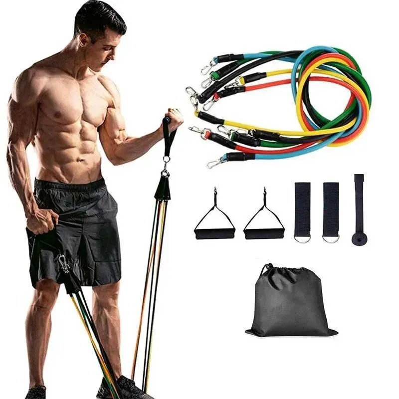 Set benzi elastice pentru exercitii multiple, 11 piese, pentru Sala, Yoga, Pilates, Recuperare, 48" lungime, multicolor