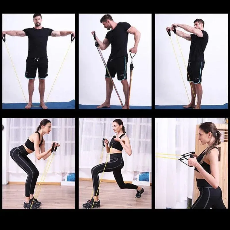 Set benzi elastice pentru exercitii multiple, 11 piese, pentru Sala, Yoga, Pilates, Recuperare, 48" lungime, multicolor