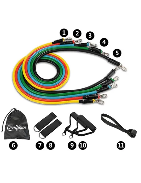 Set benzi elastice pentru exercitii multiple, 11 piese, pentru Sala, Yoga, Pilates, Recuperare, 48" lungime, multicolor