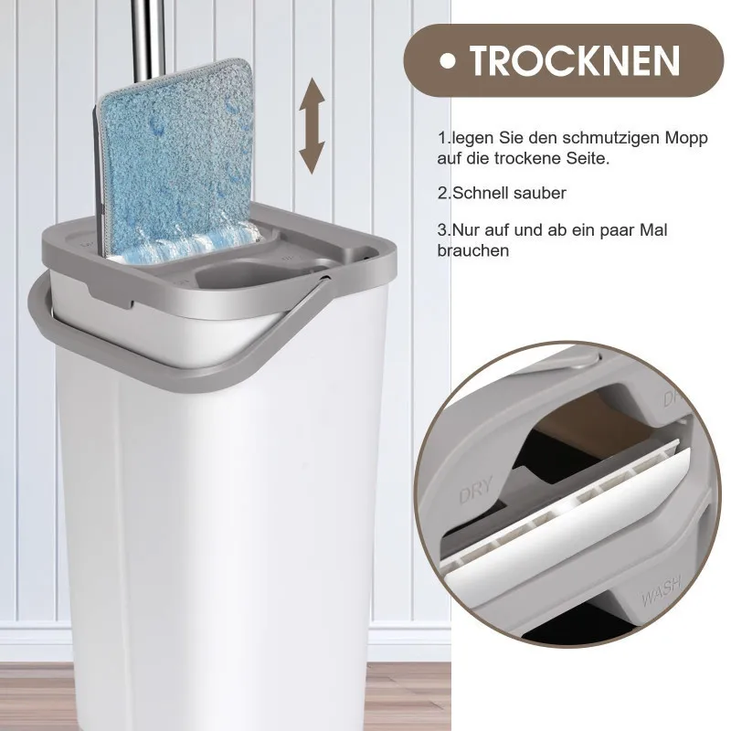 Set de mop MASTERTOP cu găleată, mop plat pentru podea cu mâner reglabil de 140 cm și 6 rezerve de mop din microfibră, găleată d