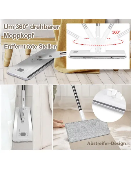 Set de mop MASTERTOP cu găleată, mop plat pentru podea cu mâner reglabil de 140 cm și 6 rezerve de mop din microfibră, găleată d