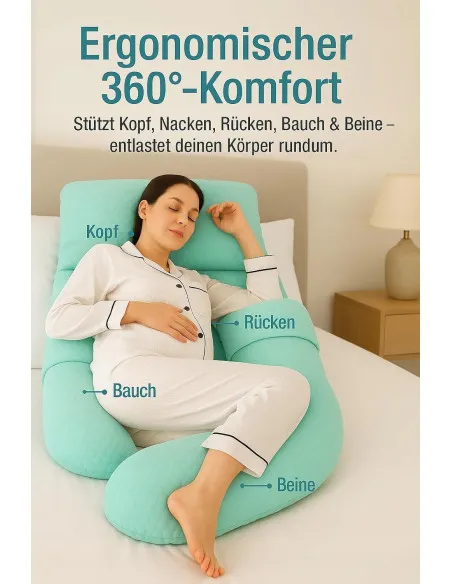 Pernă pentru gravide, Formă U, 3 în 1,Nookish, Pentru Dormit și Alăptat, Model Fagure, Verde, 140 cm