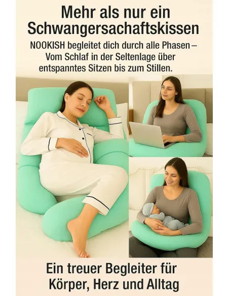 Pernă pentru gravide, Formă U, 3 în 1,Nookish, Pentru Dormit și Alăptat, Model Fagure, Verde, 140 cm