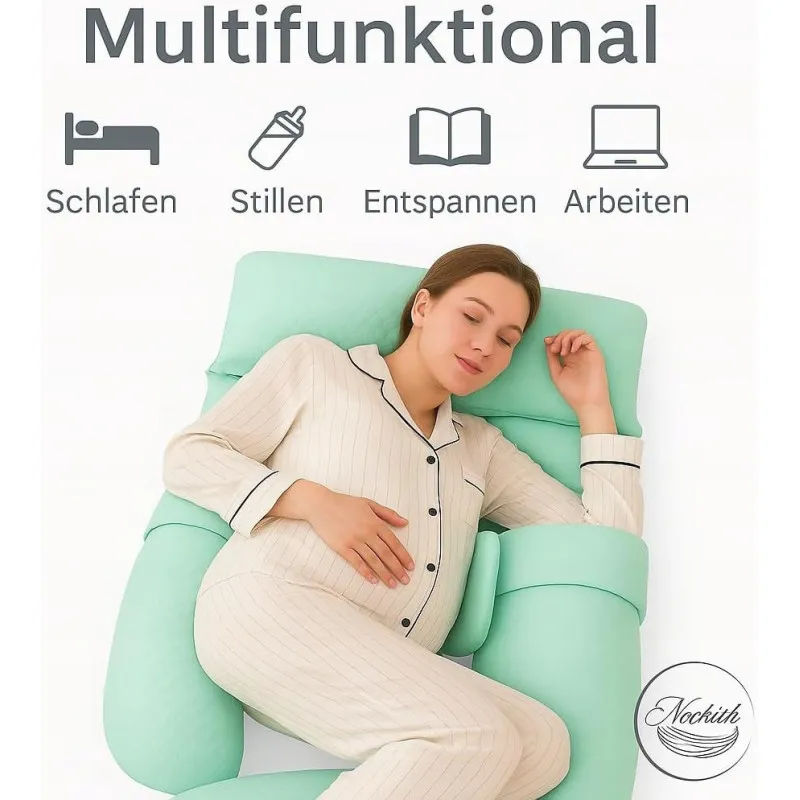 Pernă pentru gravide, Formă U, 3 în 1,Nookish, Pentru Dormit și Alăptat, Model Fagure, Verde, 140 cm