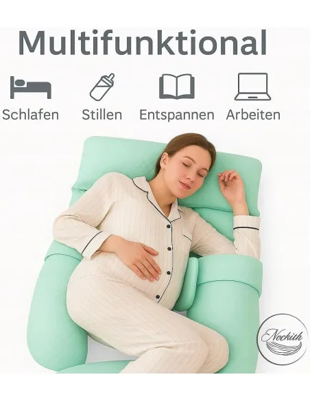 Pernă pentru gravide, Formă U, 3 în 1,Nookish, Pentru Dormit și Alăptat, Model Fagure, Verde, 140 cm