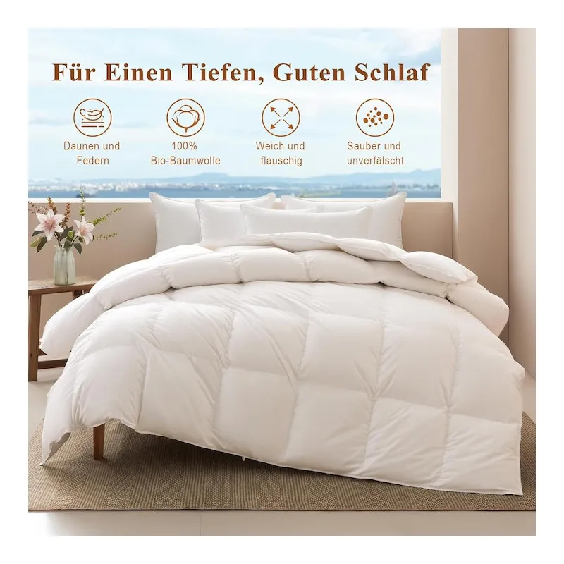 Pilotă Premium Puf și Pene 50/50, 135x200 cm, Bumbac Organic, Vară, Albă
