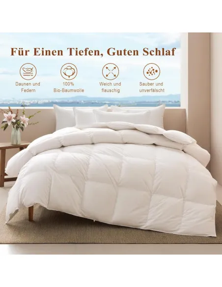 Pilotă Premium Puf și Pene 50/50, 135x200 cm, Bumbac Organic, Vară, Albă