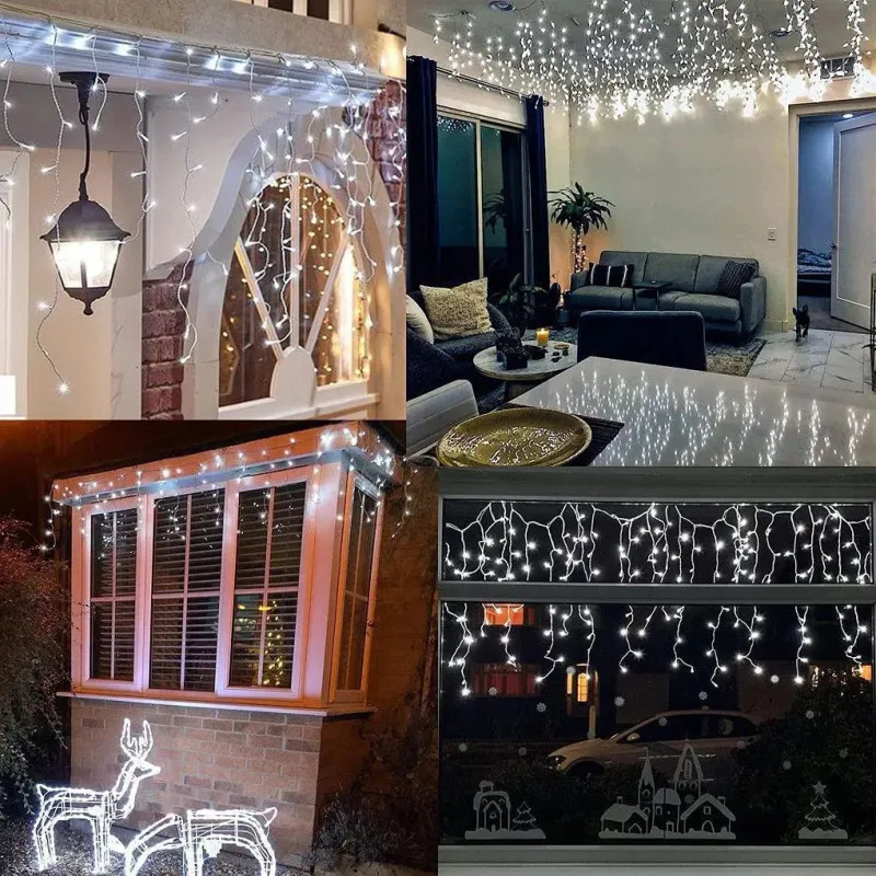Instalatie Craciun Turturi, 20 m, 500 Led-uri, 8 jocuri de lumini, Perdea, Franjuri, Exterior/Interior, Fir Alb, Interconectabil