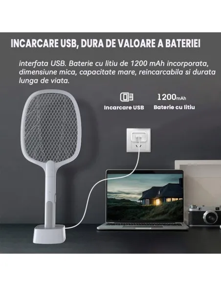 Paletă Electrică Anti-Insecte 3000V, USB, 1200mAh
