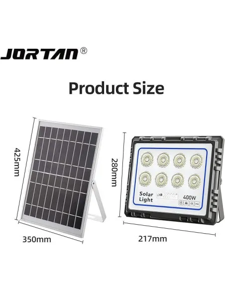 Proiector LED 400W cu panou solar, exterior IP 66, telecomanda, Jortan 2021