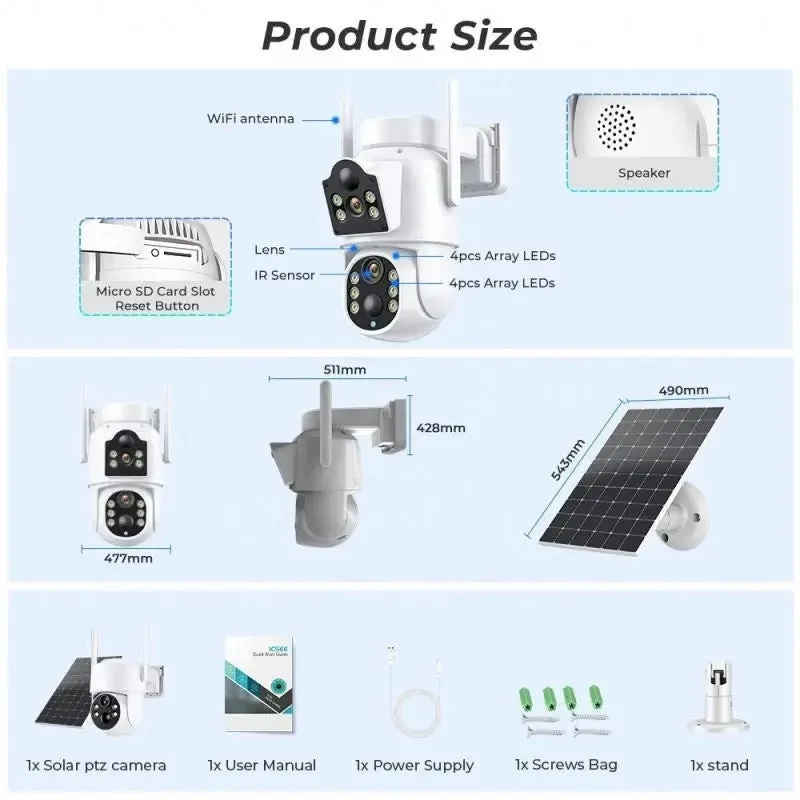 Camera de supraveghere duala, cu panou solar si Wi-Fi, rotativa, Jortan 8699 + Card 32 GB