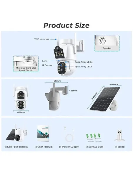 Camera de supraveghere duala, cu panou solar si Wi-Fi, rotativa, Jortan 8699 + Card 32 GB