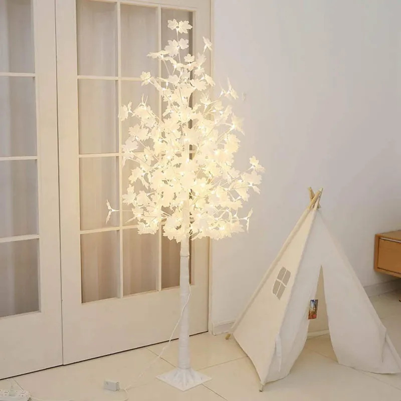 Copac decorativ sarbatori, Alb, frunze artar ,iluminat 160 LED
