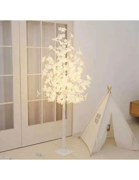 Copac decorativ sarbatori, Alb, frunze artar ,iluminat 160 LED