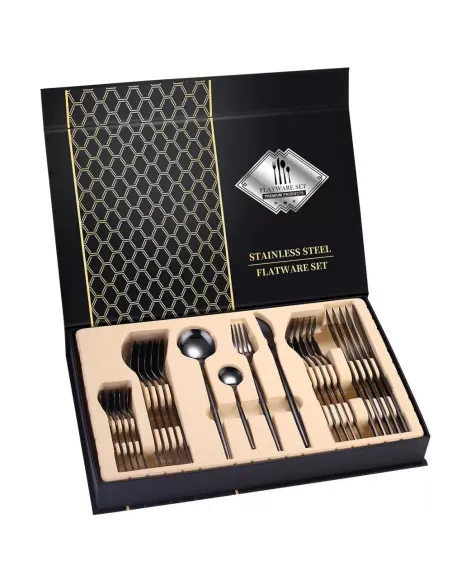 Set de tacamuri inox, 24 piese, 6 persoane, model portughez, auriu/negru