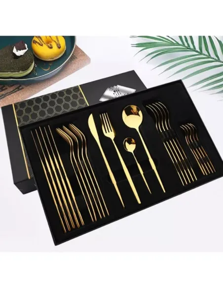 Set de tacamuri inox, 24 piese, 6 persoane, model portughez, auriu/negru