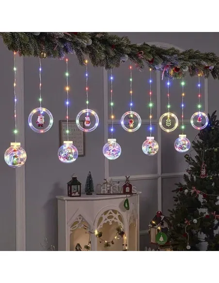 Instalatie led tip perdea cu diferite figurine, cercuri si globuri luminoase
