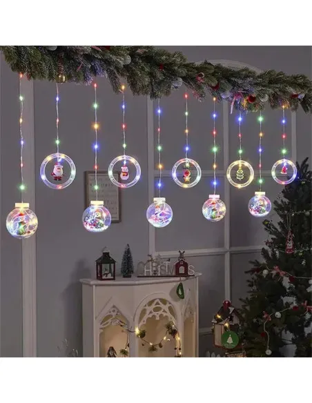 Instalatie led tip perdea cu diferite figurine, cercuri si globuri luminoase