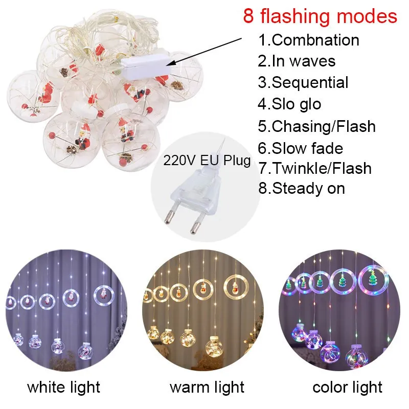 Instalatie led tip perdea cu diferite figurine, cercuri si globuri luminoase