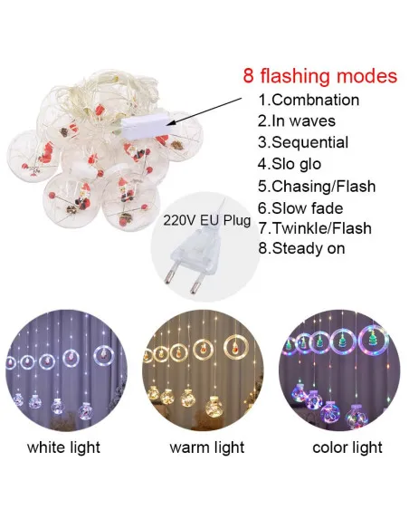 Instalatie led tip perdea cu diferite figurine, cercuri si globuri luminoase
