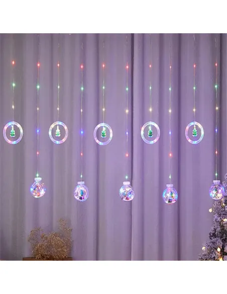 Instalatie led tip perdea cu diferite figurine, cercuri si globuri luminoase